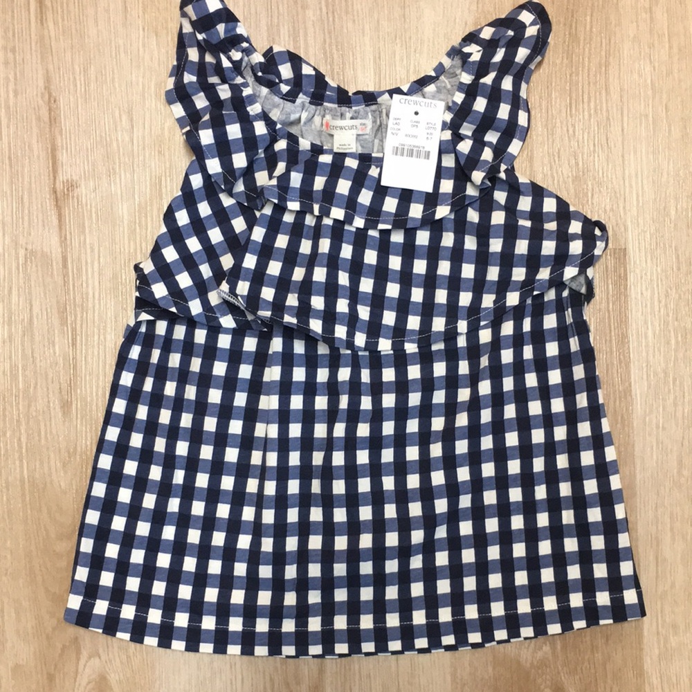 NWT Crewcuts Girl’s 6/7 Checkered Blue & White Top Sleeveless Ruffled Collar